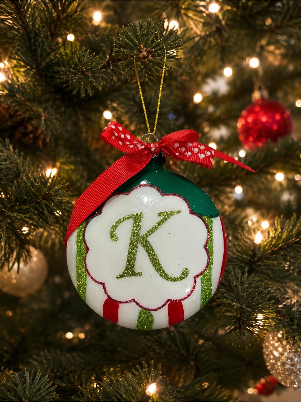 Michaels Green and Red Monogram Ornament